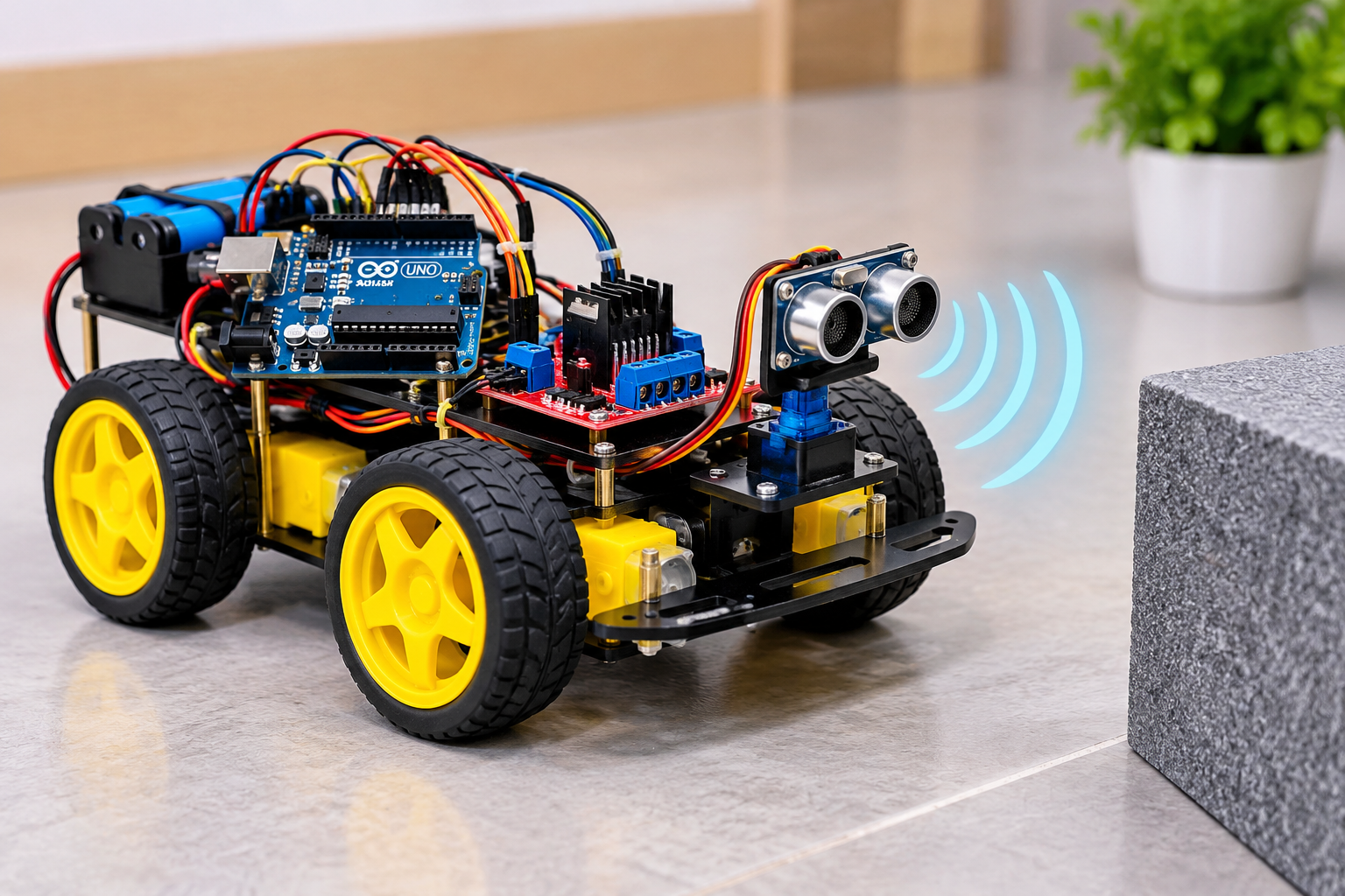 Arduino obstacle-avoiding robot car built for hands-on student robotics training
