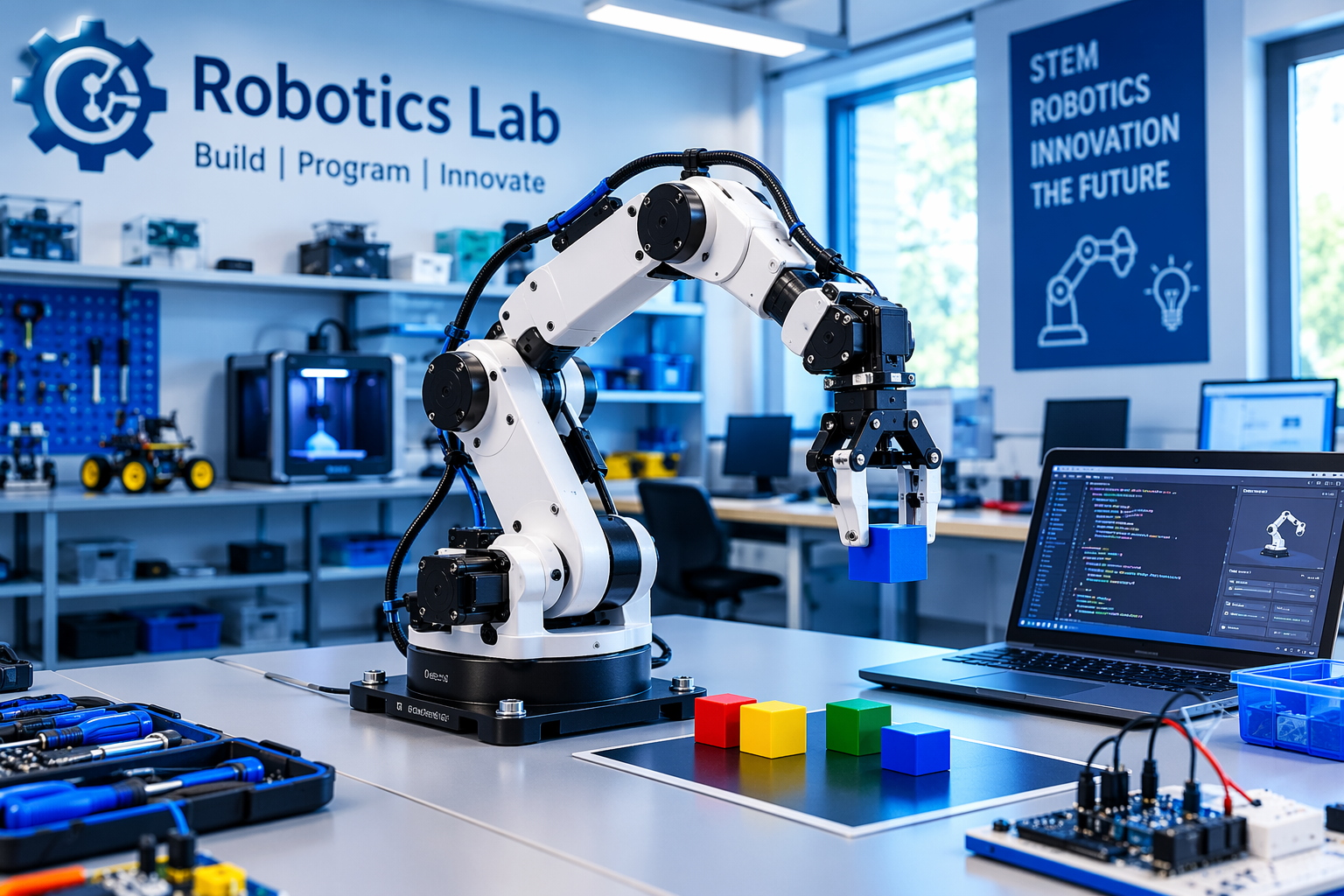 Robotics lab workbench with a robotic arm, electronics and programming equipment